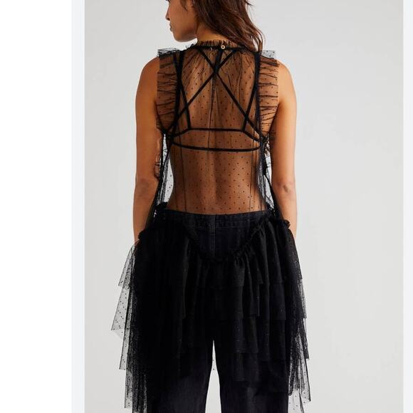 NWT Free people MIA Mesh Tiered Maxi Top $148 Large Black Dropped Waist Ruffled - Picture 3 of 6